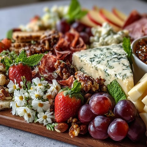 Vibrant Spring Charcuterie Board with Edible Flowers and Fruits, featuring cured meats, cheeses, fresh berries, and colorful pansies for a festive presentation.