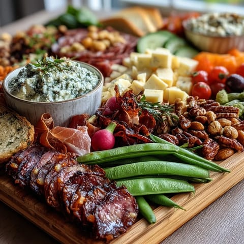 Spring Charcuterie Board with Radishes, Peas, and Herb Dip on a rustic wooden platter, showcasing colorful vegetables and savory meats for an inviting appetizer spread.