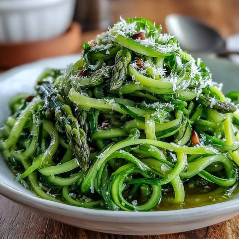 Tender asparagus ribbons tossed in zesty lemon dressing, topped with shaved Parmesan for a light, elegant vegetarian appetizer.