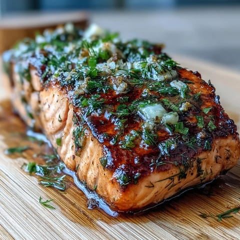 Cedar Plank Salmon with Garlic Dill, grilled to perfection on aromatic cedar, served with fresh dill and lemon slices.