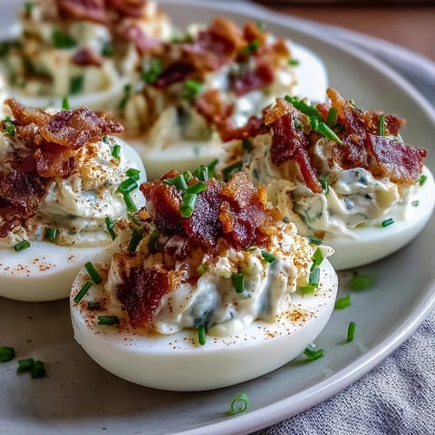 Crispy bacon and creamy ranch deviled eggs, garnished with fresh chives, perfect for Easter brunch or party appetizers.  