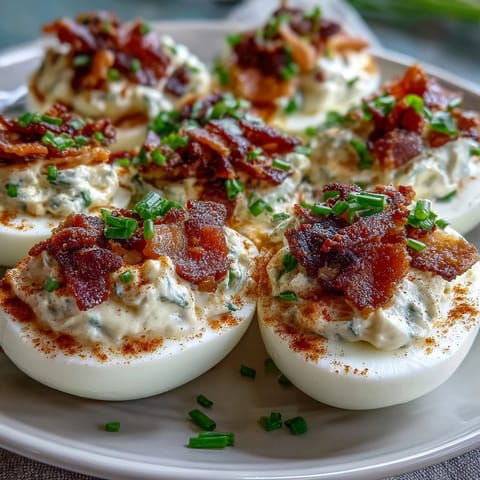 Classic deviled eggs get a savory upgrade with smoky bacon bits and zesty ranch dressing—ideal for festive gatherings.  