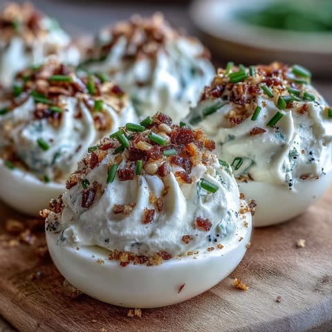 Golden-brown Everything Bagel Deviled Eggs topped generously with crunchy seasoning.