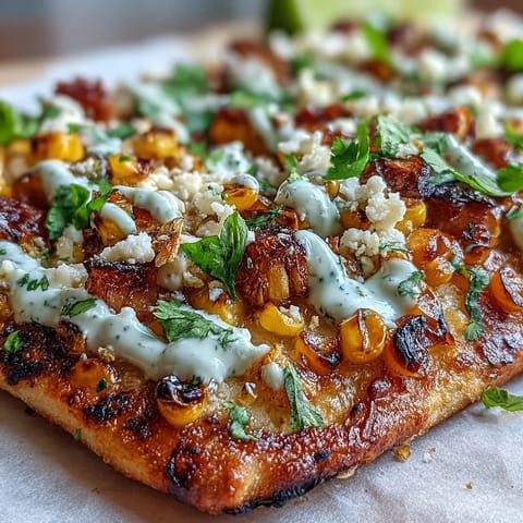 Bright street corn flatbread, charred corn, cotija, and spicy crema.