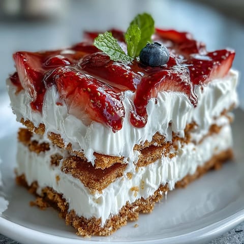 Festive Memorial Day No-Bake Icebox Cake with juicy strawberries layered beautifully.
