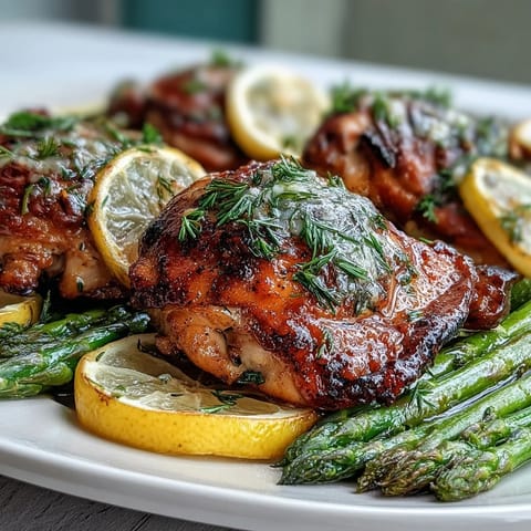 Golden roasted One-Pan Lemon Herb Chicken and Asparagus glistening with herbs.