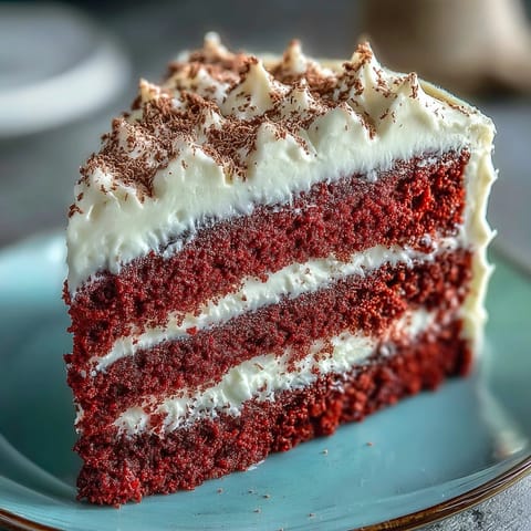 Vibrant Juneteenth Red Velvet Cake layered with creamy, tangy frosting.