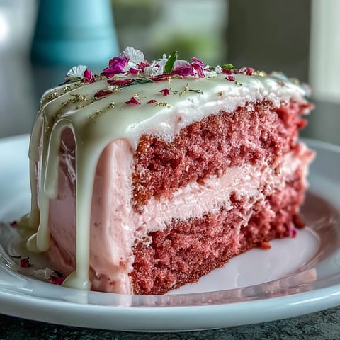 Bridal Shower Rosé Velvet Cake, frosted and adorned with a shimmering gold drip.
