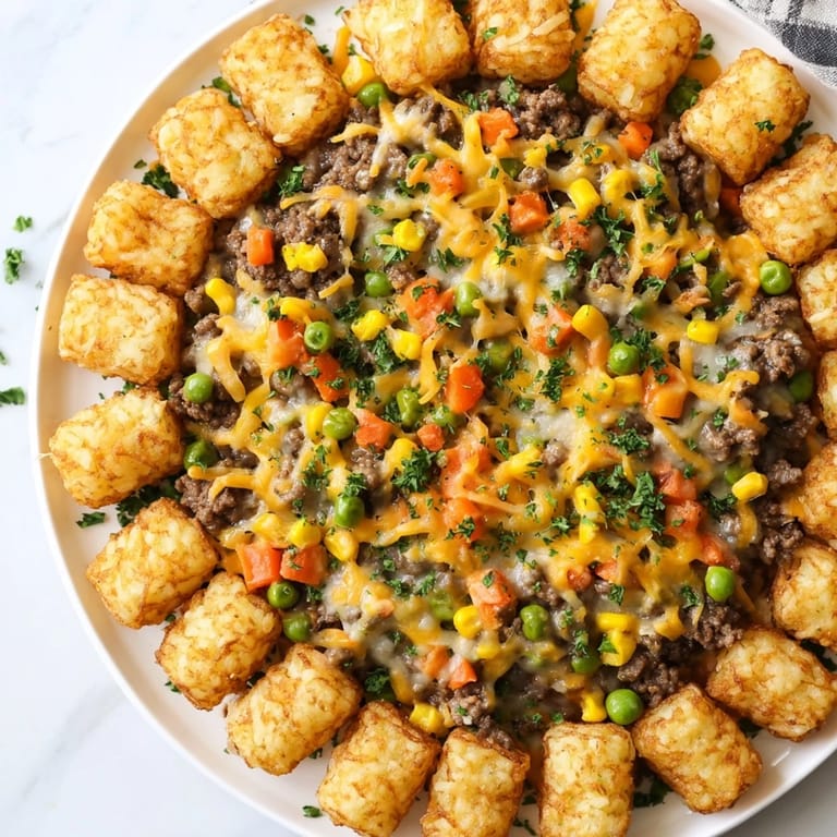 A warm, savory Tater Tot Casserole with melted cheese, ground beef, and colorful vegetables.