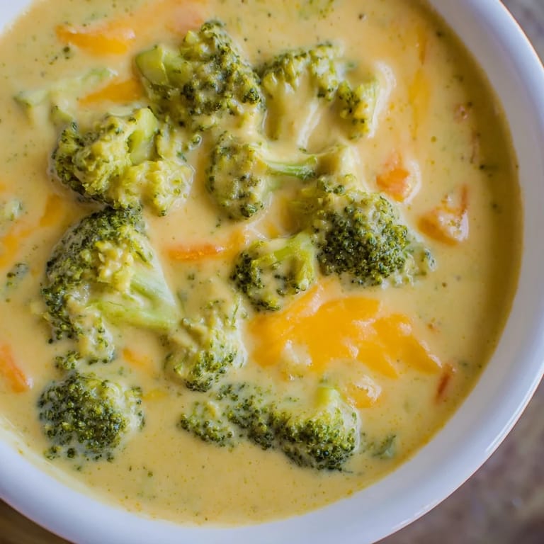 Garnished Broccoli Cheese Soup, a comforting American classic, served with a swirl of cream.
