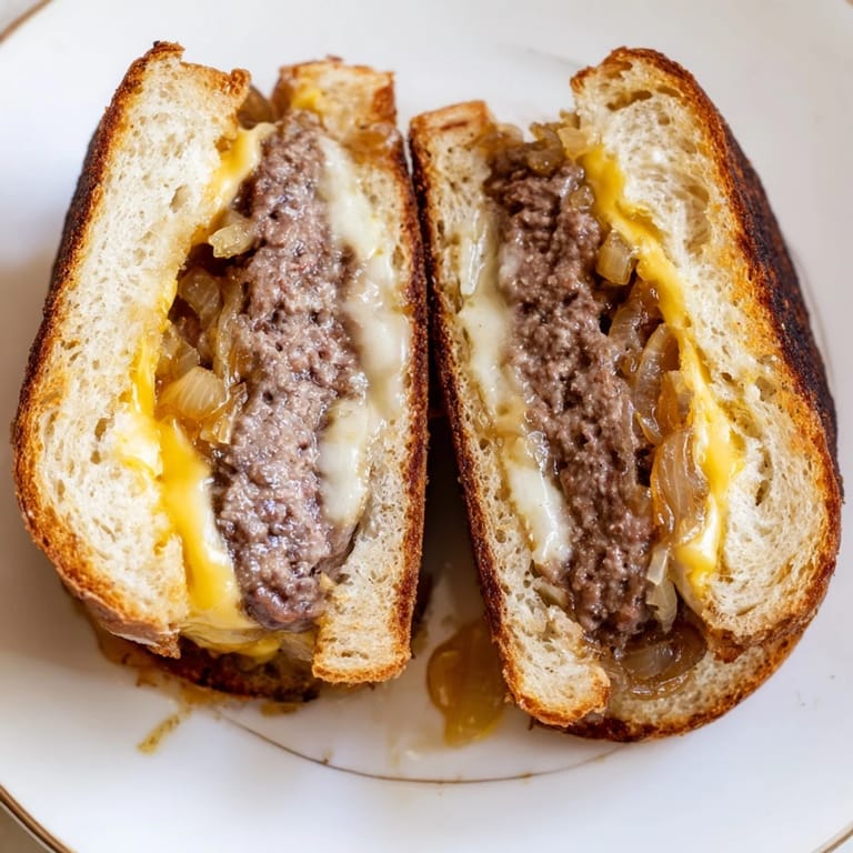 Grilled Patty Melt sandwich, stacked high with juicy beef and cheese, ready to eat.