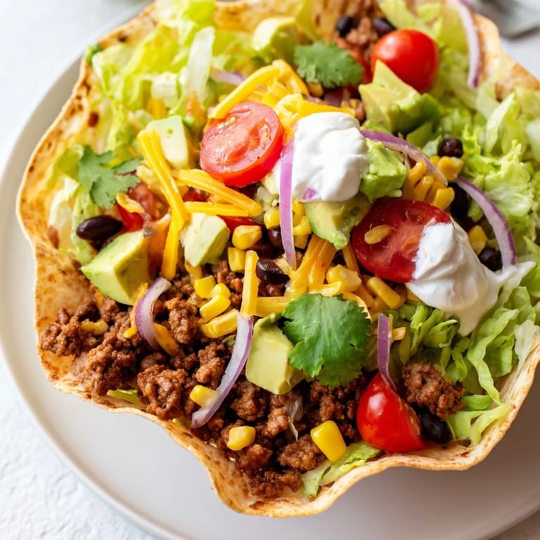 Delectable taco salad: a vibrant Mexican-American meal in a crispy bowl, offering various delicious textures.