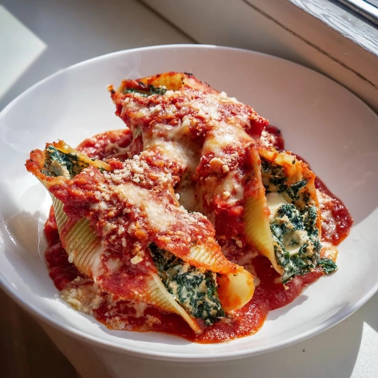 A close-up shot of perfectly baked Stuffed Shells, showing the creamy ricotta filling and rich tomato sauce.