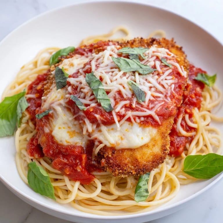 A close-up shot of perfectly baked Chicken Parmesan, layered with melted mozzarella and marinara.