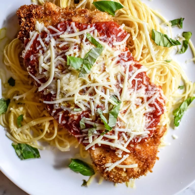 Delicious, homemade Chicken Parmesan, with crispy chicken cutlets, is paired beautifully with spaghetti.
