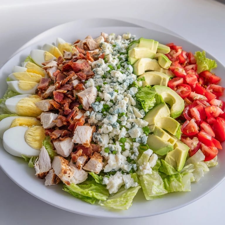 Freshly prepared Cobb Salad with juicy tomatoes, hard-boiled eggs, and a tangy vinaigrette dressing.