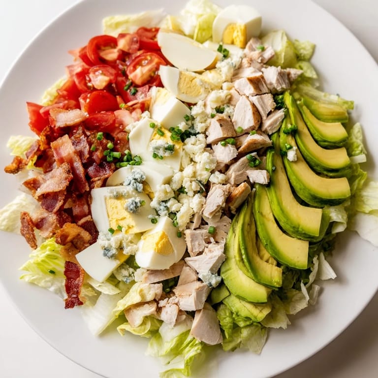 Classic American Cobb Salad with layers of ingredients, promising a delightful mix of flavors and textures.
