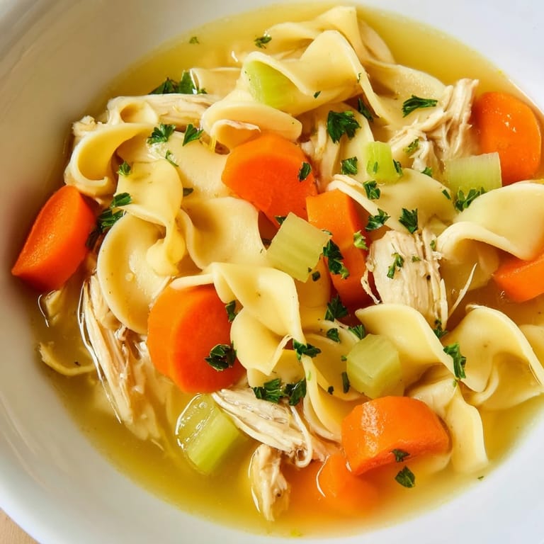 A close-up of a flavorful bowl of Chicken Noodle Soup; chicken and noodles swimming in golden broth.