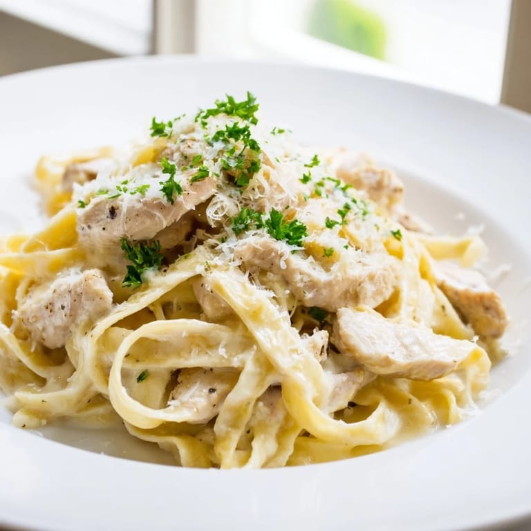 A close-up of steaming fettuccine Alfredo, showcasing the rich, cheesy, and inviting sauce.