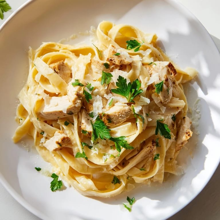Golden sautéed chicken atop a bed of fettuccine Alfredo, a classic Italian comfort food dish.