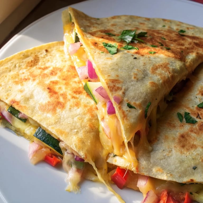 A close-up of a perfectly cooked quesadilla, filled with cheese and savory chicken.