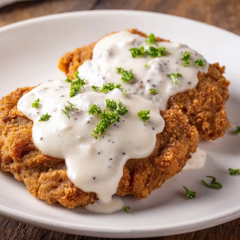 Plated Chicken Fried Steak, showing the perfectly fried, breaded steak with a ladle of homemade creamy gravy.