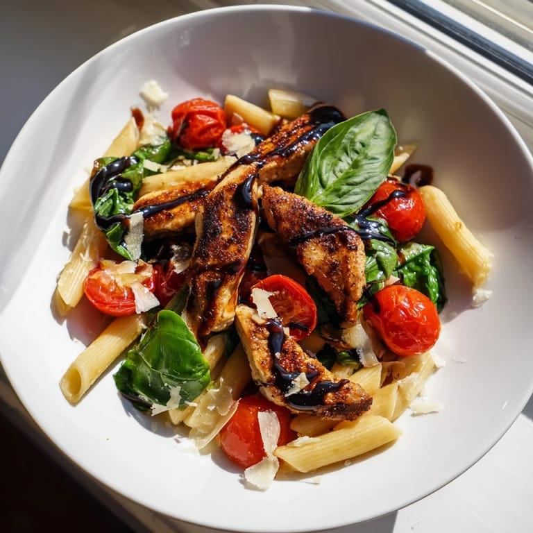 Freshly tossed Balsamic Glazed Chicken Pasta with spinach in a skillet ready for serving.
