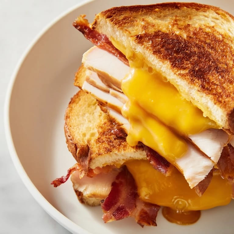 Close-up of a Turkey Club Grilled Cheese showing layers of turkey, bacon, and fresh veggies inside.