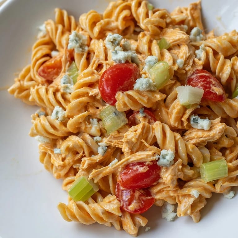 Spicy buffalo chicken pasta salad served chilled with cherry tomatoes and blue cheese crumbles, ideal for summer picnics.  