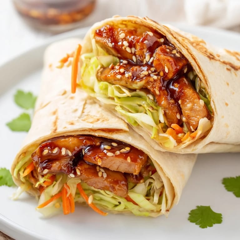 Freshly rolled Teriyaki Chicken Wrap with shredded vegetables and saucy chicken, sliced to show the colorful filling inside.