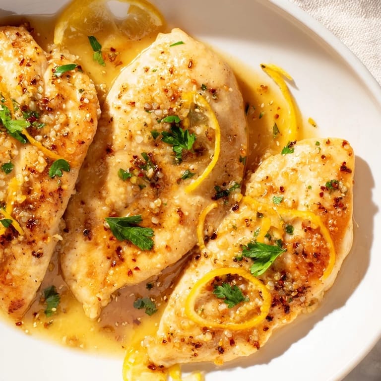 Perfectly cooked Lemon Pepper Chicken breasts with a glossy, aromatic lemon-pepper butter glaze, ready for a quick dinner.