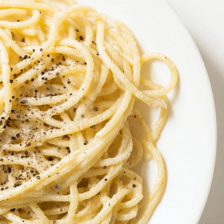 A rustic Italian-style serving of Spaghetti Cacio e Pepe on a dark plate, topped with extra cheese and pepper.