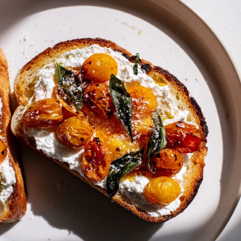 Rustic sourdough toast with bright lemon-ricotta and oregano roasted tomatoes, ready for brunch.