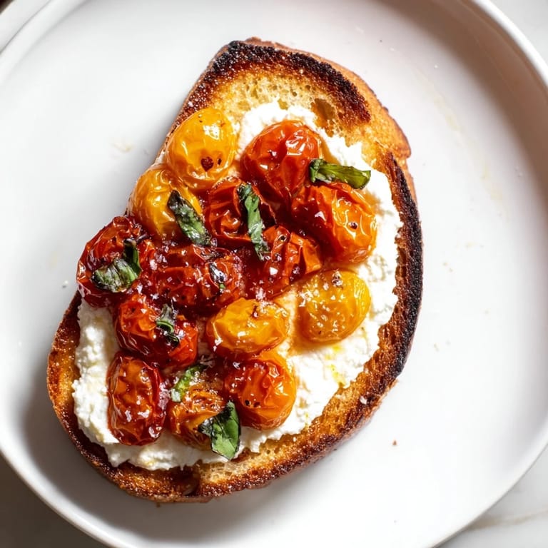 Warm Mediterranean-style toast with caramelized tomatoes, fresh basil, and flaky sea salt finish.