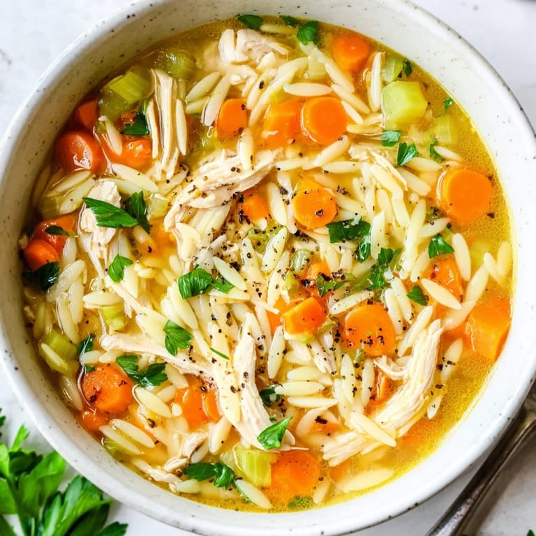 Homemade Lemon Pepper Chicken Orzo Soup served in a rustic mug, garnished with fresh parsley and a wedge of lemon.