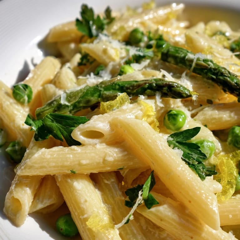 A close-up of Garlic Parmesan Spring Vegetable Pasta highlights al dente penne coated in a light, creamy sauce with tender spring vegetables.