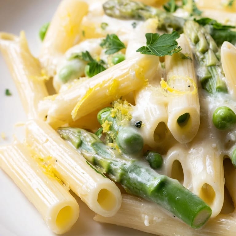 Overhead view of Garlic Parmesan Spring Vegetable Pasta featuring bright green peas, asparagus, and green beans, with lemon zest and Parmesan garnish.