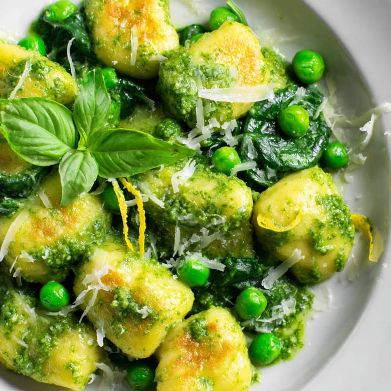 Golden-brown gnocchi and tender green peas nestled in a savory Pesto Pea Gnocchi Skillet, ready to be served as a quick, flavorful weeknight main dish.