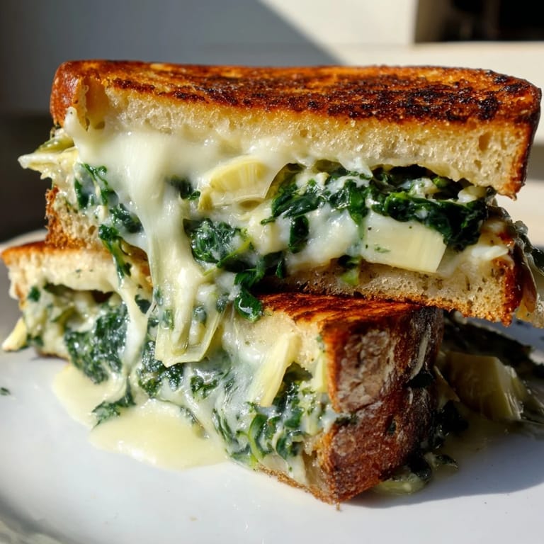 Close-up of a decadent Artichoke Spinach Grilled Cheese, showcasing the creamy, cheesy filling oozing from golden-brown bread.