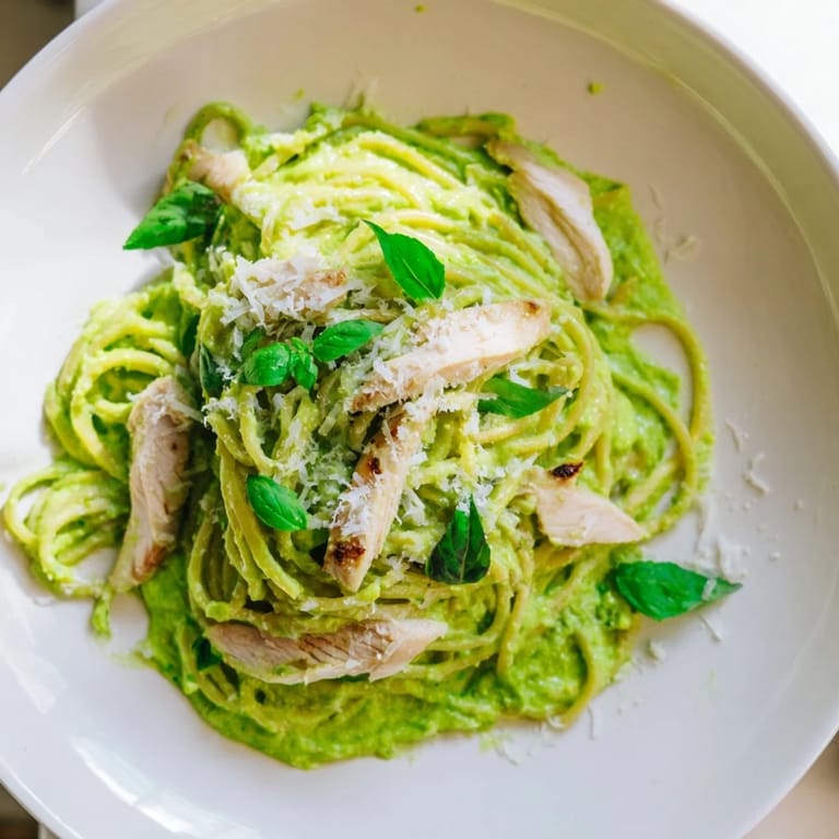 A close-up of creamy avocado chicken pasta topped with juicy grilled chicken slices and fresh basil leaves on a white plate.