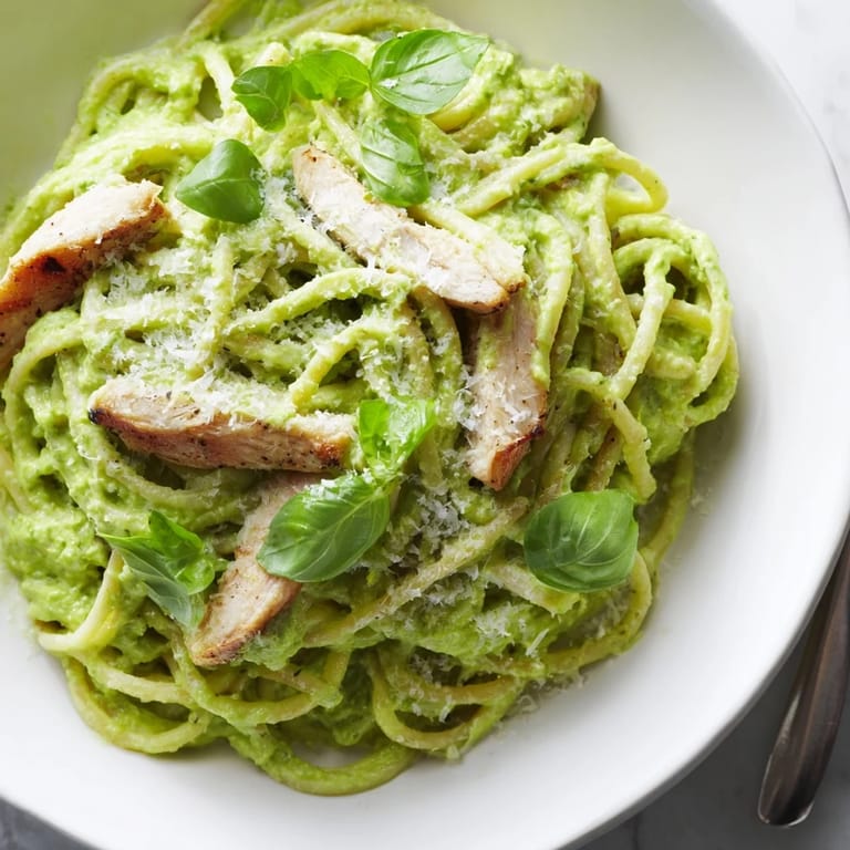 Freshly prepared Creamy Avocado Chicken Pasta with tender chicken and creamy avocado sauce, served with a sprinkle of Parmesan.