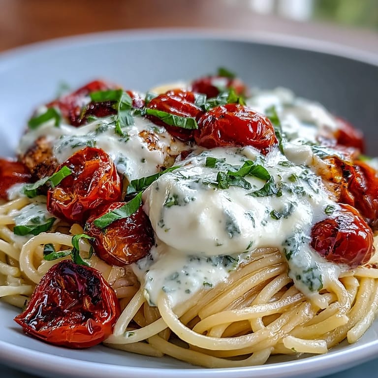 A close-up of Burrata Caprese Pasta shows glistening olive oil, torn basil, and a perfect burrata cheese pull.