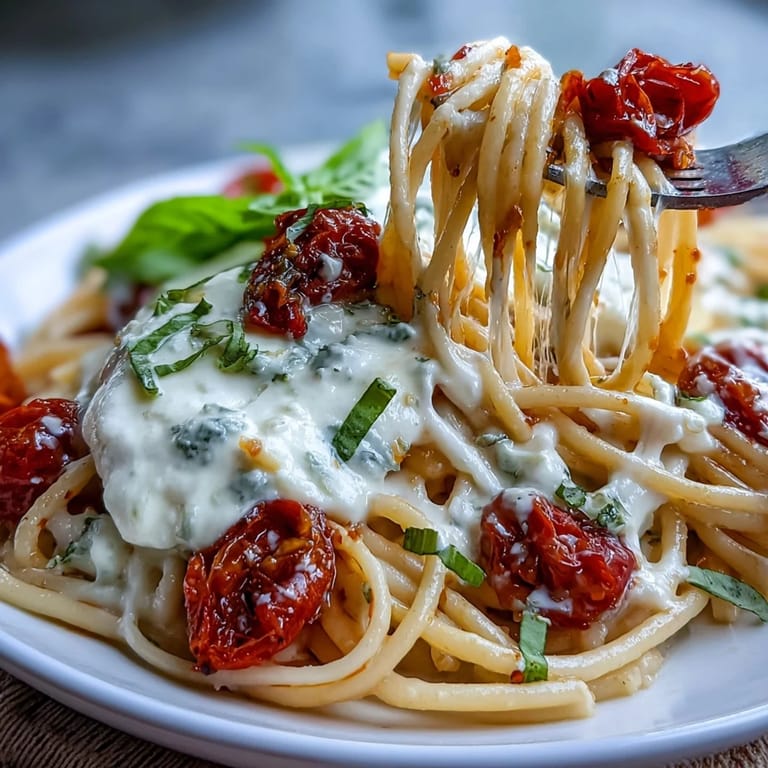 Serving suggestion for Burrata Caprese Pasta: plated spaghetti topped with halved tomatoes, fresh basil, and a rich ball of burrata.