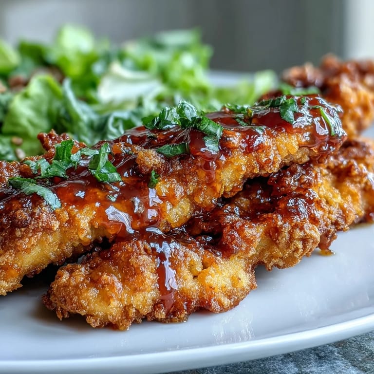 Golden chicken strips drizzled with hot honey rest atop a vibrant salad of crisp romaine, tomatoes, and crunchy seeds.  