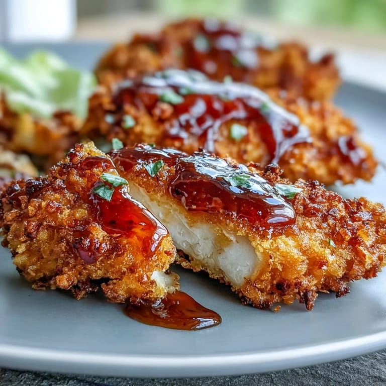 Crispy Hot Honey Chicken Salad with juicy breaded chicken, spicy-sweet drizzle, and a crunchy vegetable medley on a plate.