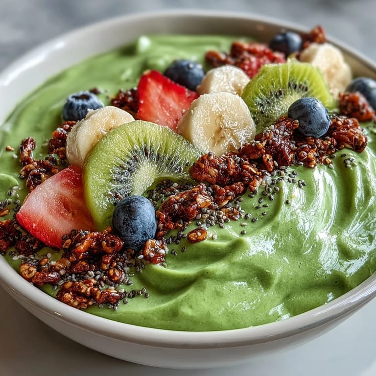 Spoon dipping into a creamy Green Smoothie Bowl, topped with fresh berries, shredded coconut, and nutty granola, perfect for an energizing morning.