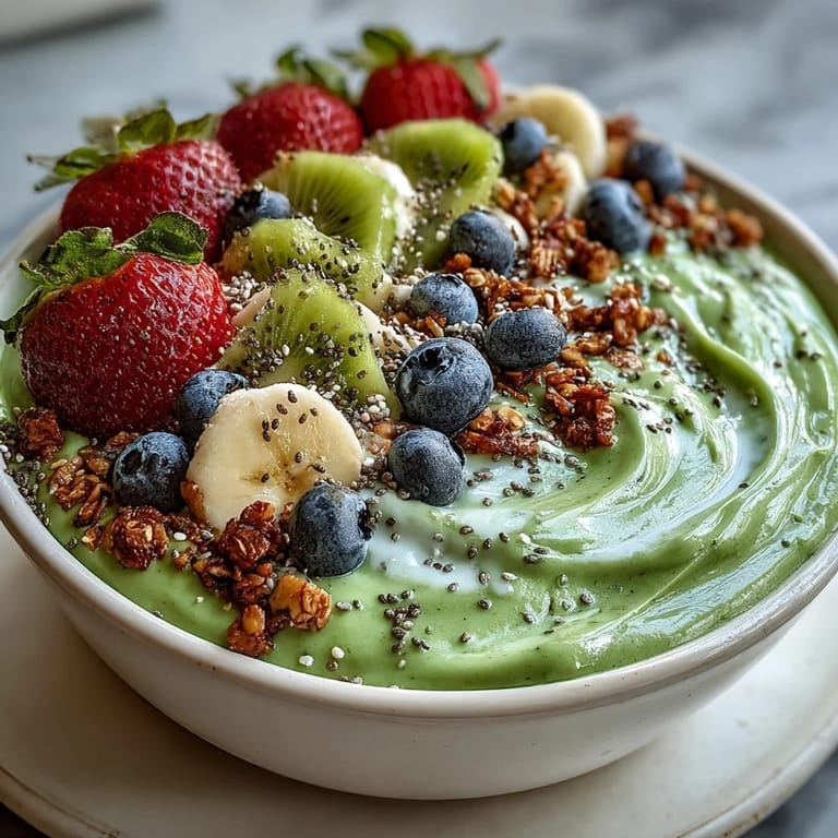 Green Smoothie Bowl presented in a white bowl, filled with spinach, mango, and pineapple, topped with fresh fruit and seeds for a colorful meal.