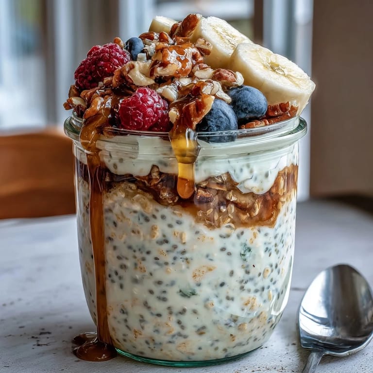 Creamy overnight oats with chia seeds garnished with chopped almonds and a drizzle of peanut butter, served chilled.
