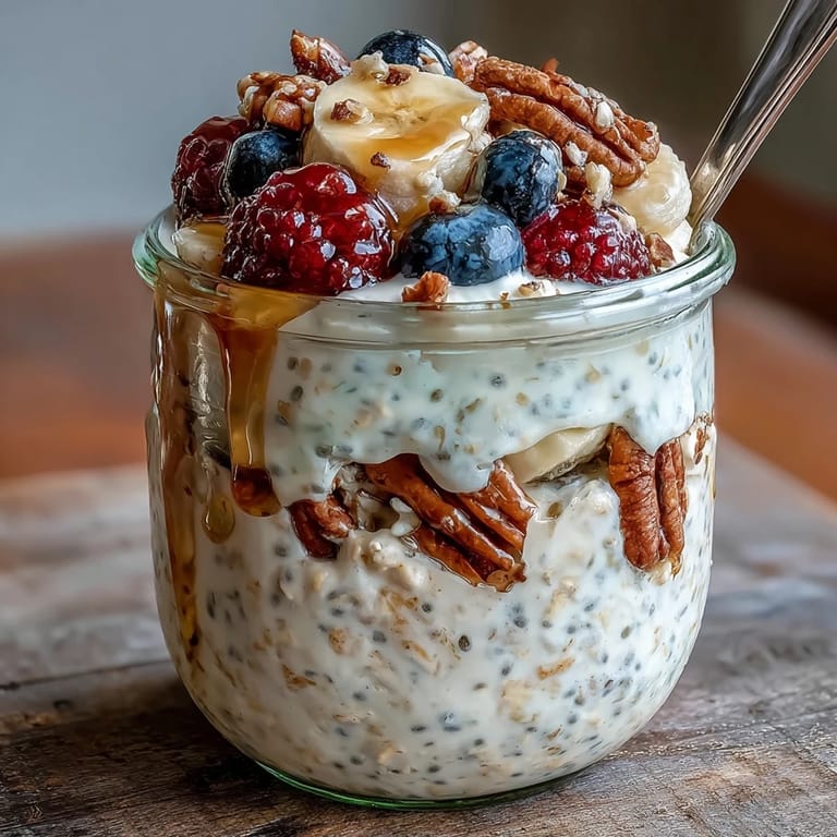 Overnight oats with chia seeds layered in a glass jar with strawberries and a swirl of maple syrup.