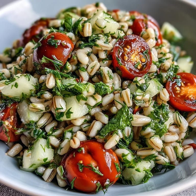 Freshly tossed Barley and Herb Salad with chopped mint, parsley, and dill, ready to serve as a refreshing Mediterranean side dish.